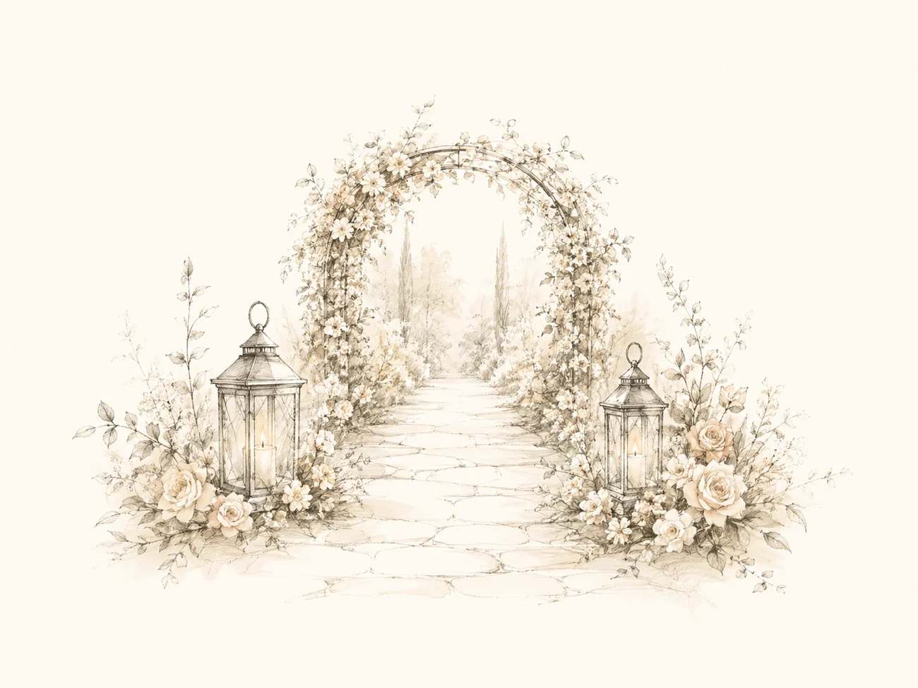 A watercolor of a rose-covered wedding arch over a stone path, with candle lanterns and white roses on either side