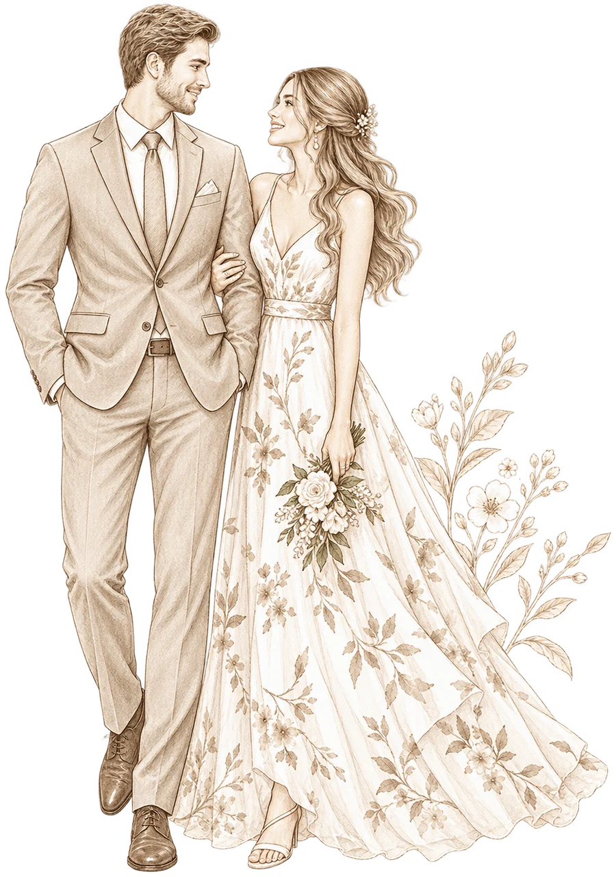 A sepia illustration of a couple in semi-formal attire: a suit, and a floral gown