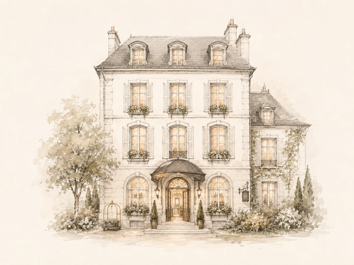 A watercolor of an elegant hotel façade with a domed entrance awning, lit windows, and a luggage cart by the door