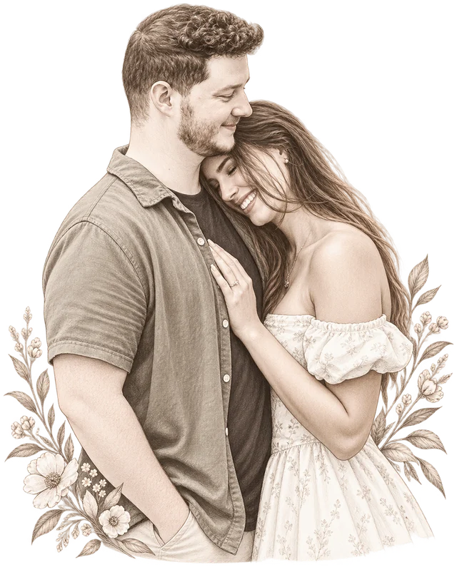 A sepia illustration of Katie resting her head on David's chest, drawn from their engagement photo