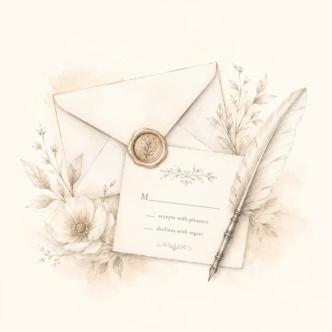 A watercolor of a reply card and envelope sealed in gold wax, with a quill pen resting beside them