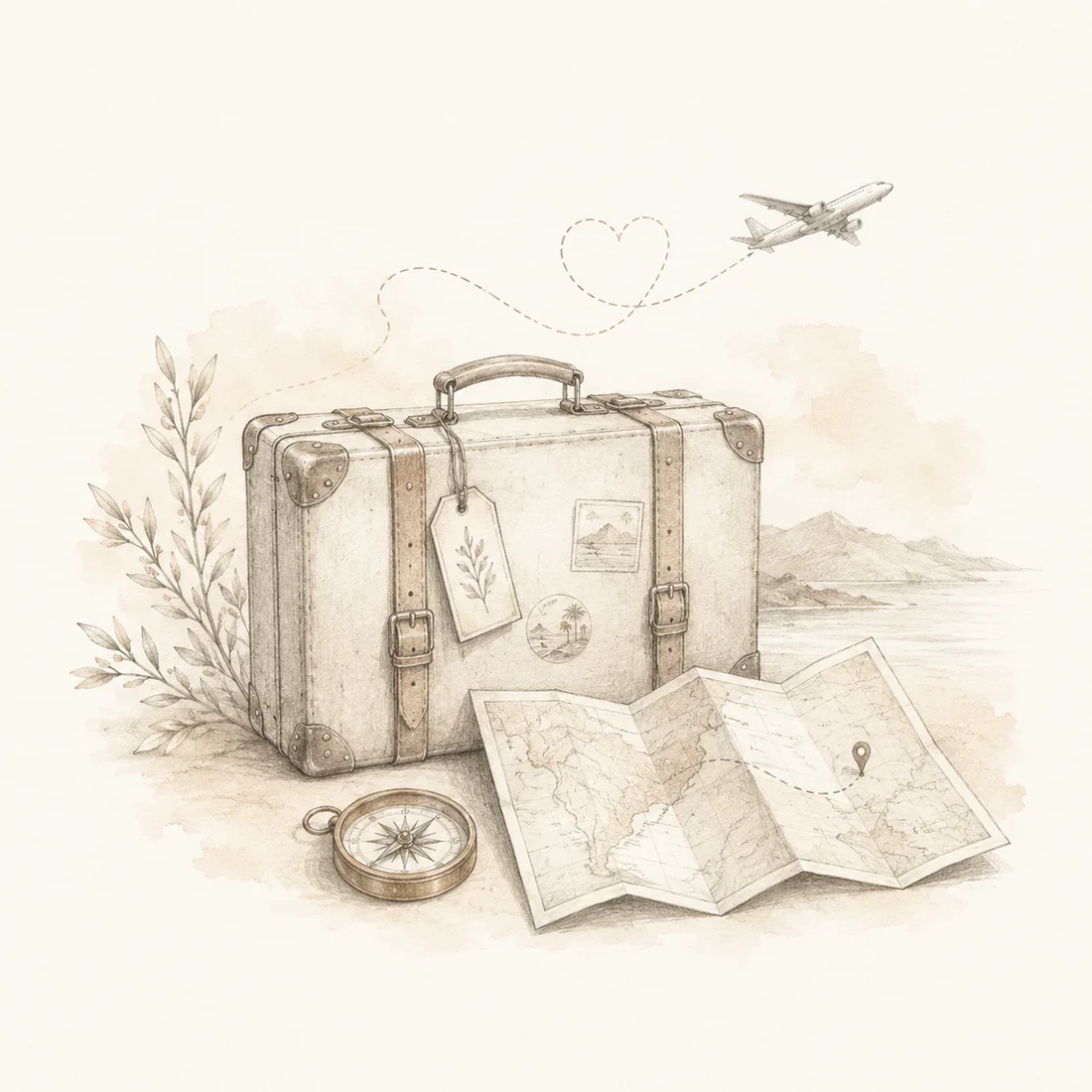 A watercolor of a vintage suitcase, a folded map, and a compass, with a plane trailing a heart overhead