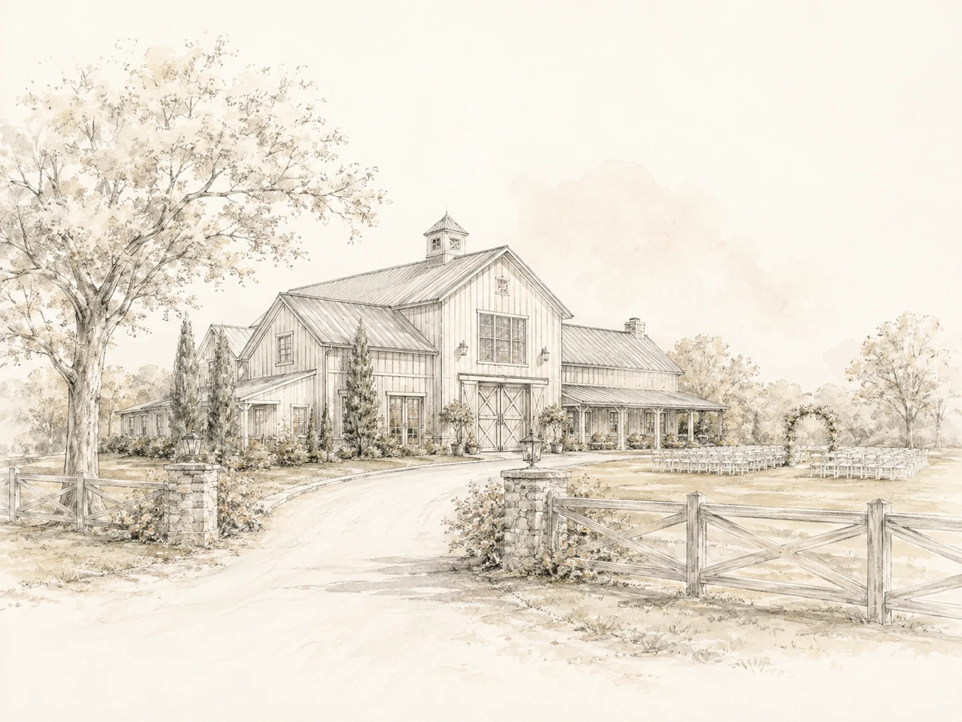 A watercolor of Fairview Farm Events from the lane: stone gateposts with lanterns, rail fences, the white barn, and ceremony seating on the lawn